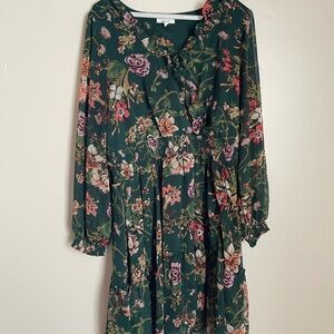 Maurices Dark Green Floral Midi Dress with Long Sleeves